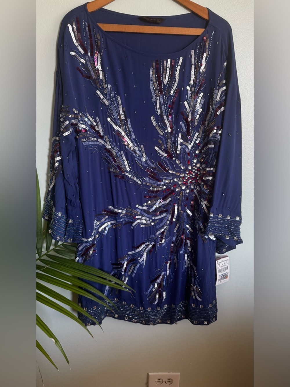 Zara Navy Blue Sequin Embellished Long Sleeve Dress